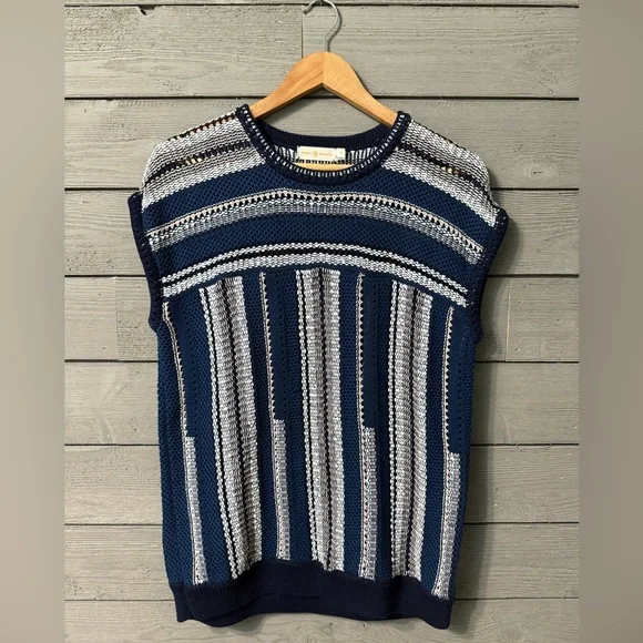 Tory Burch Women’s Navy Pink White Cotton Linen Scoop Neck Sweater Vest Small - Picture 2 of 9